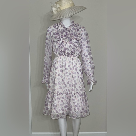 NWT Bow Tie Neck Floral Print Button Front Ruffle Hem A-line Dress Lilac Size S - Picture 12 of 16